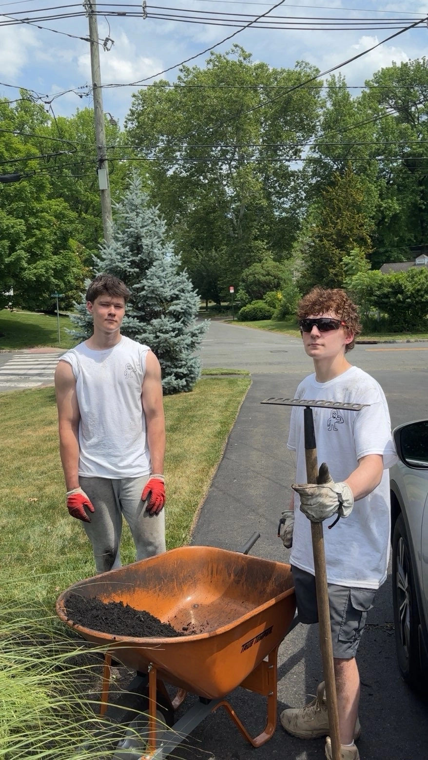 Two crew members with a wheelbarrow and rake during a mulching job